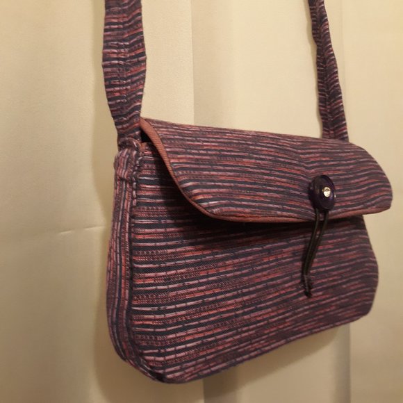 Tapestry fabric mini Purse shoulder bag Purple Pink striated 7x5x2" - Picture 5 of 10